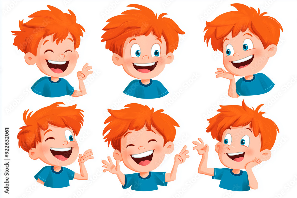 Sticker collection, six little redhead boys wearing blue t-shirts and jeans Sticker collection, six little redhead boys wearing blue t-shirts and jeans