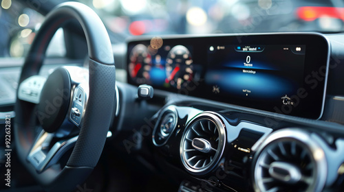 Close-up view of a modern car dashboard showcasing advanced technology and design features photo