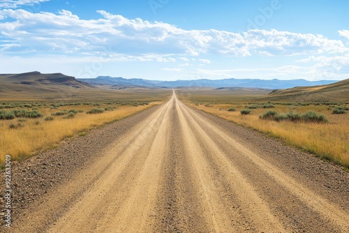 A long gravel road extends far into the horizon, completely surrounded by a dry and arid landscape, all under a bright blue sky filled with seemingly endless possibilities waiting to be explored