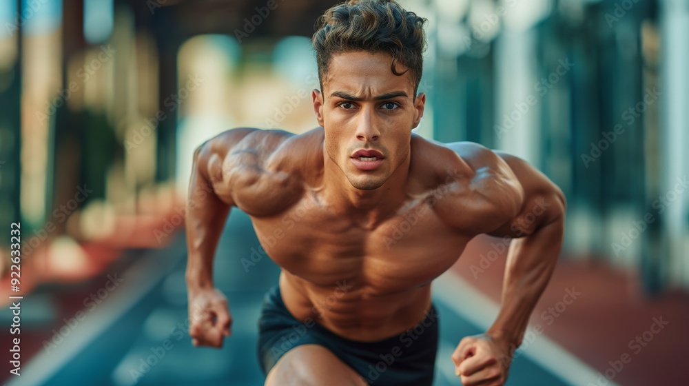 Determined athlete in a sprint position. A muscular young man in midstride during a highintensity workout, perfect for fitness, motivation, and healthrelated projects. For sports marketing content Determined athlete in a sprint position. A muscular young man in midstride during a highintensity workout, perfect for fitness, motivation, and healthrelated projects. For sports marketing content