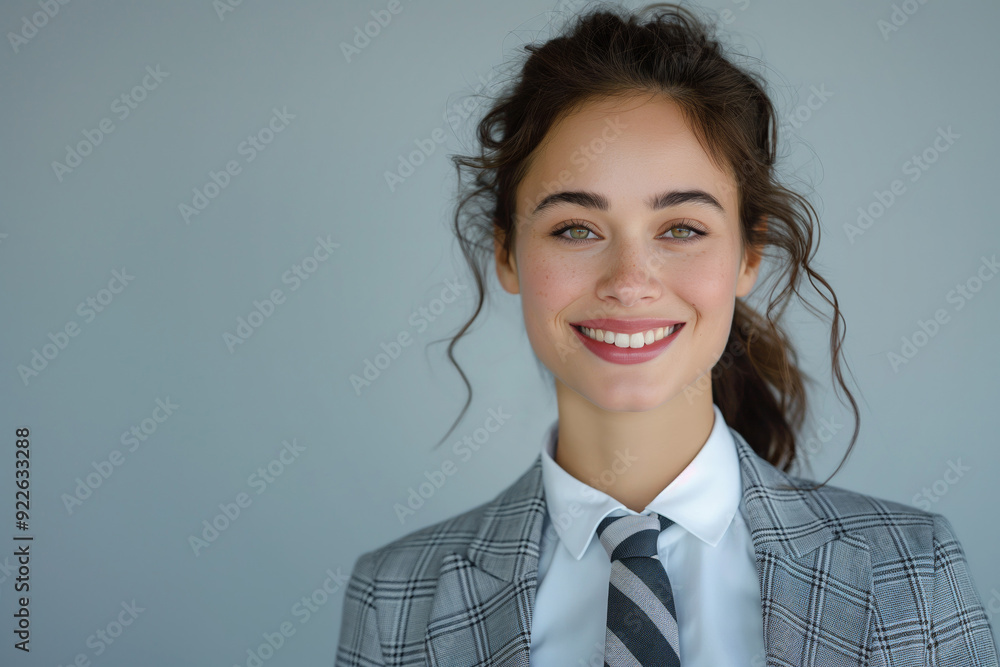 Confident young businesswoman smiling. Ideal for business, marketing, and lifestyle concepts. Suitable for professional networking, corporate presentations, and advertisements.