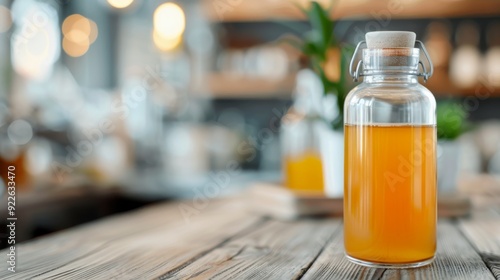 Glass Bottle With Amber Liquor and Green Plant in Modern Cafe