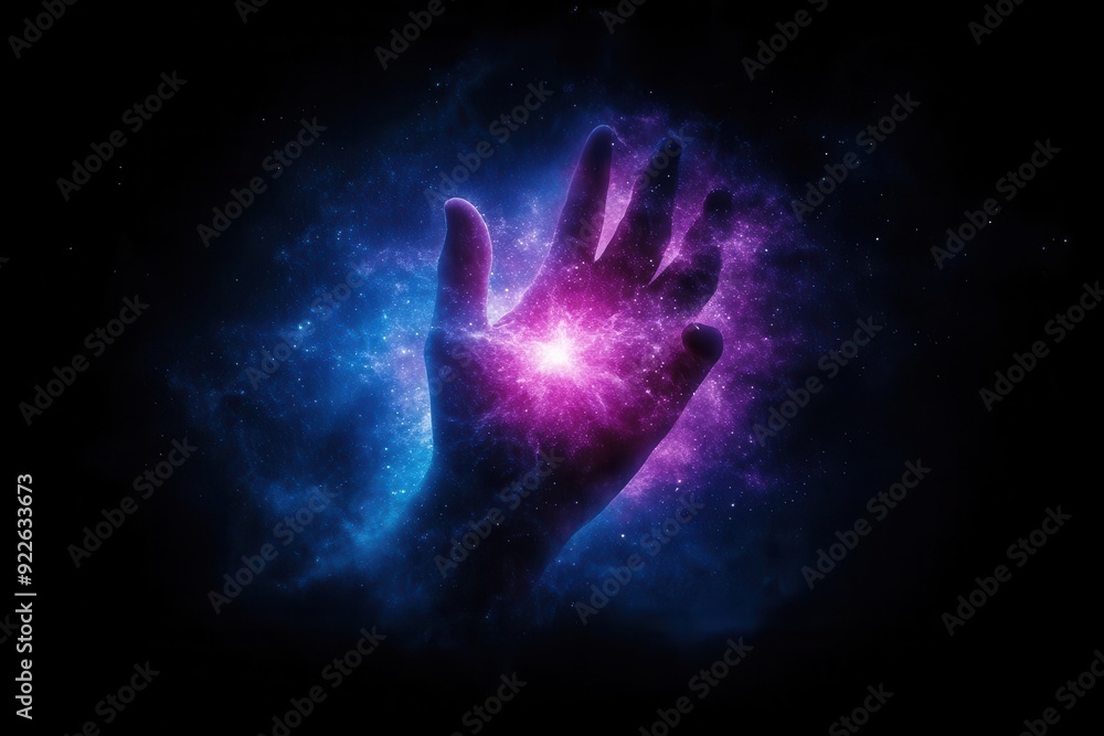 A cosmic hand reaching out in vibrant colors, symbolizing connection to the universe and exploration of the unknown. A cosmic hand reaching out in vibrant colors, symbolizing connection to the universe and exploration of the unknown.