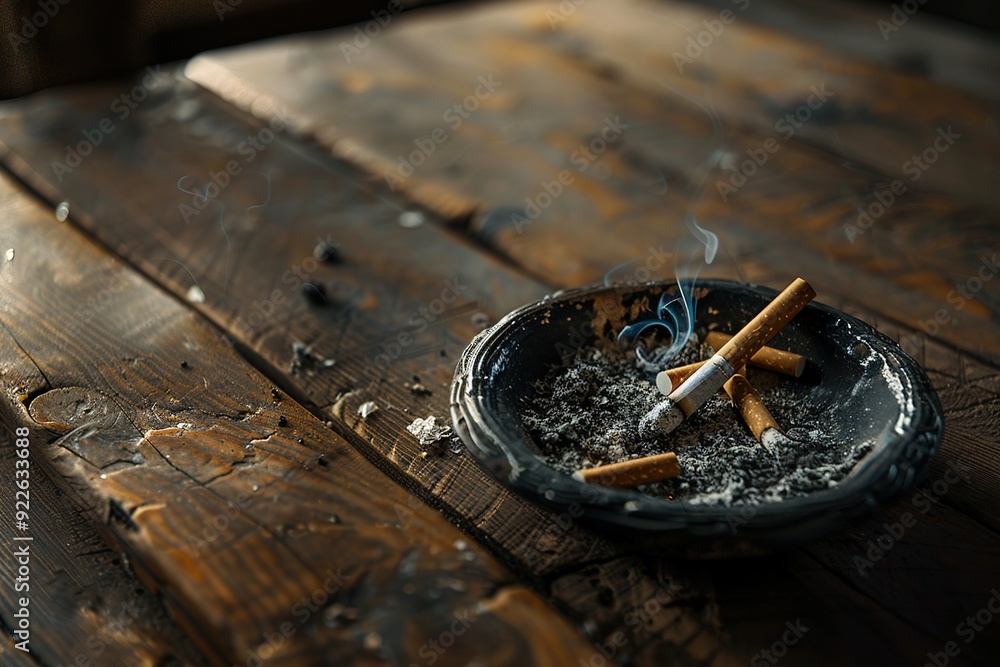 A full ashtray with smoking cigarette butts on a rustic wooden table A full ashtray with smoking cigarette butts on a rustic wooden table