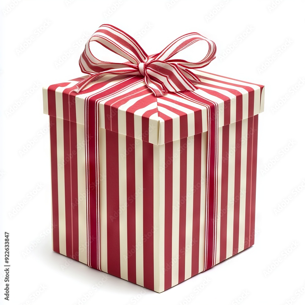 A red and white striped gift box with a red ribbon tied around it A red and white striped gift box with a red ribbon tied around it