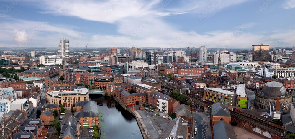 Obraz premium Aerial panorama of Leeds city centre with retail district and skyscrapers