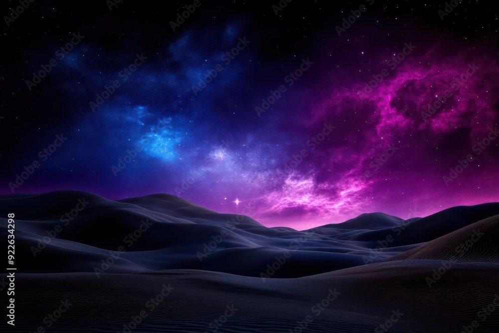 A stunning cosmic landscape featuring vibrant colors blending in a starry night sky over rolling hills. A stunning cosmic landscape featuring vibrant colors blending in a starry night sky over rolling hills.