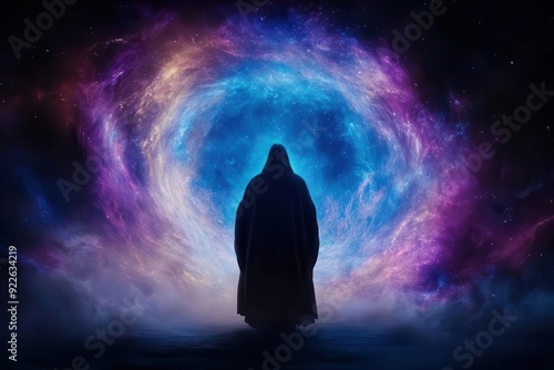 A silhouette of a figure in a mystical cosmic scene, surrounded by vibrant colors of a swirling galaxy.