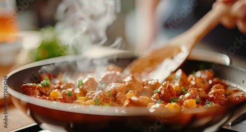 Cooking Savory Meat Mixture With Vegetables in a Pan on the Stove
