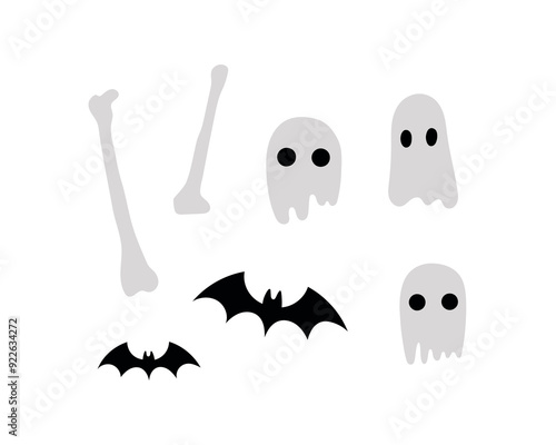 Vector Halloween illustration set. Hand drawn ghosts, bats and bones isolated on a white background