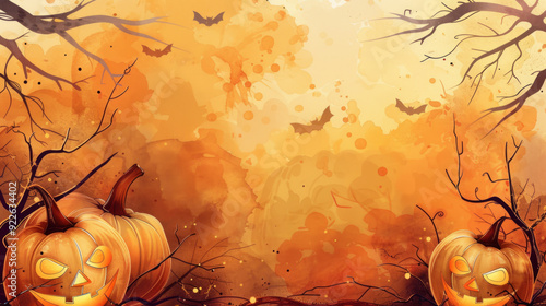 Spooky halloween greeting background featuring pumpkins and bat silhouettes in autumn colors