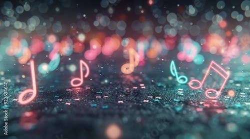 Colorful Musical Notes Floating in a Dark Background With Light Effects