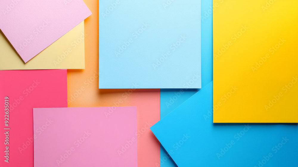Colorful collection of various blank paper sheets arranged artistically on a bright background Colorful collection of various blank paper sheets arranged artistically on a bright background