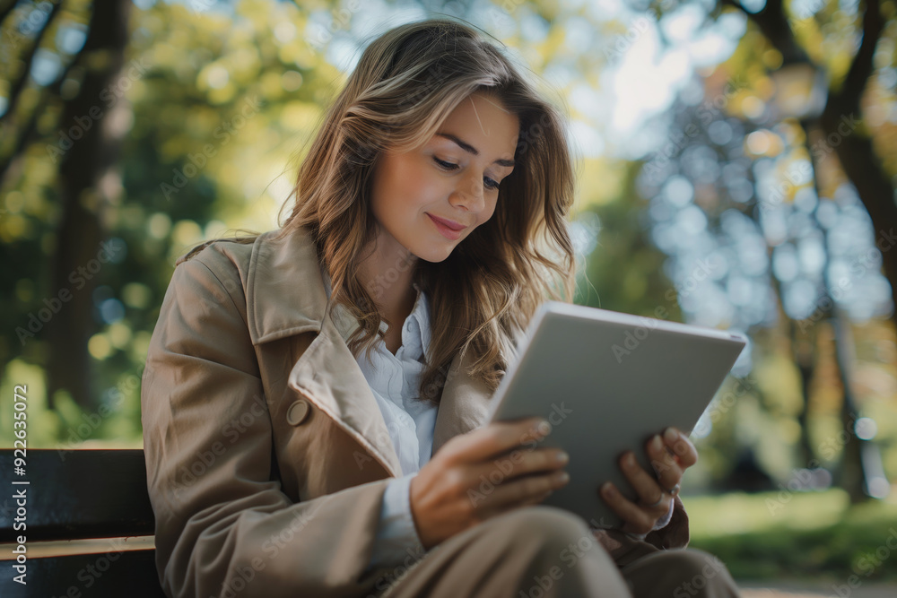 Young woman reading tablet in park. A serene setting perfect for illustrating leisure, technology, and relaxation in an outdoor environment. Ideal for lifestyle, tech, and naturerelated content. Young woman reading tablet in park. A serene setting perfect for illustrating leisure, technology, and relaxation in an outdoor environment. Ideal for lifestyle, tech, and naturerelated content.