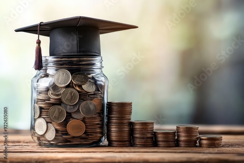 Graduation hat on coins money in the glass bottle on natural green background Saving money for education growth concept