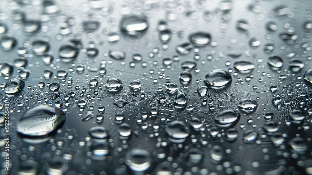 A close-up shot of water droplets on a dark surface, showing their round shapes and glistening reflection. A close-up shot of water droplets on a dark surface, showing their round shapes and glistening reflection.