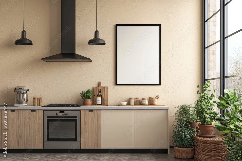 Fototapeta premium Minimalist Kitchen interior with Poster Mockup created with Generative AI