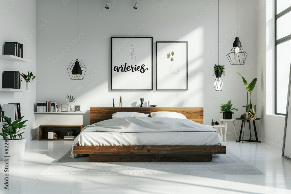 Experience the elegance of Scandinavian design in a serene bedroom, featuring striking black and white decor and modern wall art that creates a harmonious and inviting atmosphere Experience the elegance of Scandinavian design in a serene bedroom, featuring striking black and white decor and modern wall art that creates a harmonious and inviting atmosphere