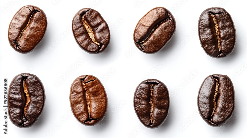 Different varieties of roasted coffee beans arranged on a white background Different varieties of roasted coffee beans arranged on a white background