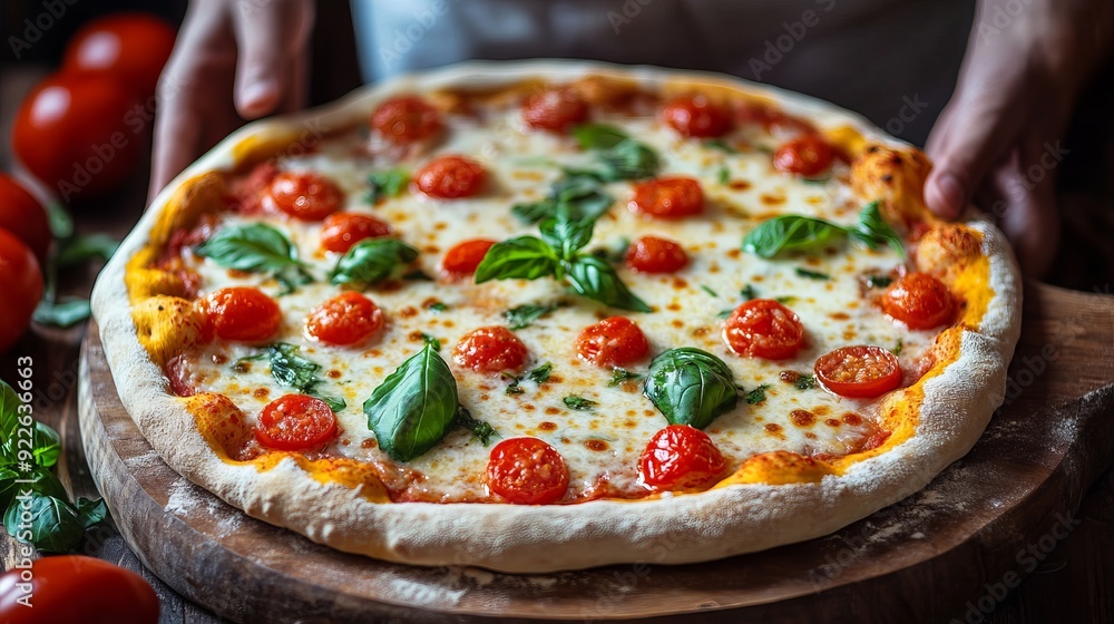 Freshly baked Margherita pizza with cherry tomatoes and basil Freshly baked Margherita pizza with cherry tomatoes and basil