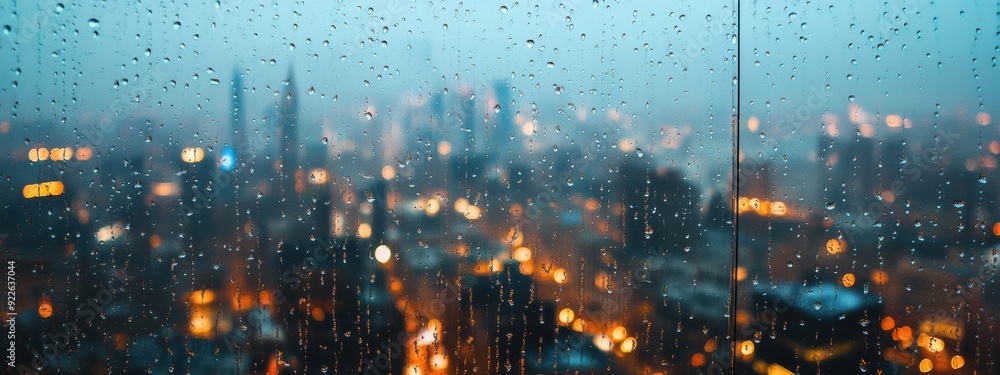 Naklejka premium view of the city from the window during the rain. Panoramic view of blurred cityscape and raindrops, blurred city. copy space