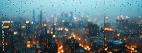 view of the city from the window during the rain. Panoramic view of blurred cityscape and raindrops, blurred city. copy space