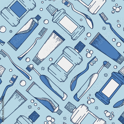 Seamless oral hygiene pattern, monoline style, vector graphics, toothpaste and toothbrush, mouthwash, electric brush and bubbles
