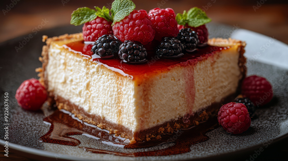 Slice of creamy cheesecake topped with fresh raspberries and blackberries, drizzled with berry sauce, garnished with mint leaves on a dark plate, perfect for dessert lovers
Slice of creamy cheesecake topped with fresh raspberries and blackberries, drizzled with berry sauce, garnished with mint leaves on a dark plate, perfect for dessert lovers
