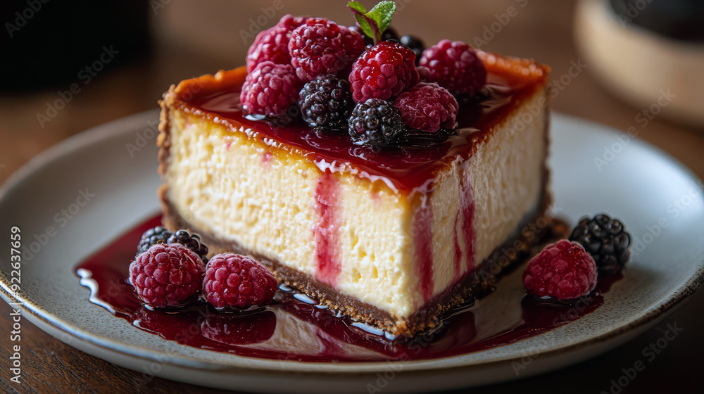 Slice of creamy cheesecake topped with fresh raspberries and blackberries, drizzled with berry sauce, garnished with mint leaves on a dark plate, perfect for dessert lovers
Slice of creamy cheesecake topped with fresh raspberries and blackberries, drizzled with berry sauce, garnished with mint leaves on a dark plate, perfect for dessert lovers