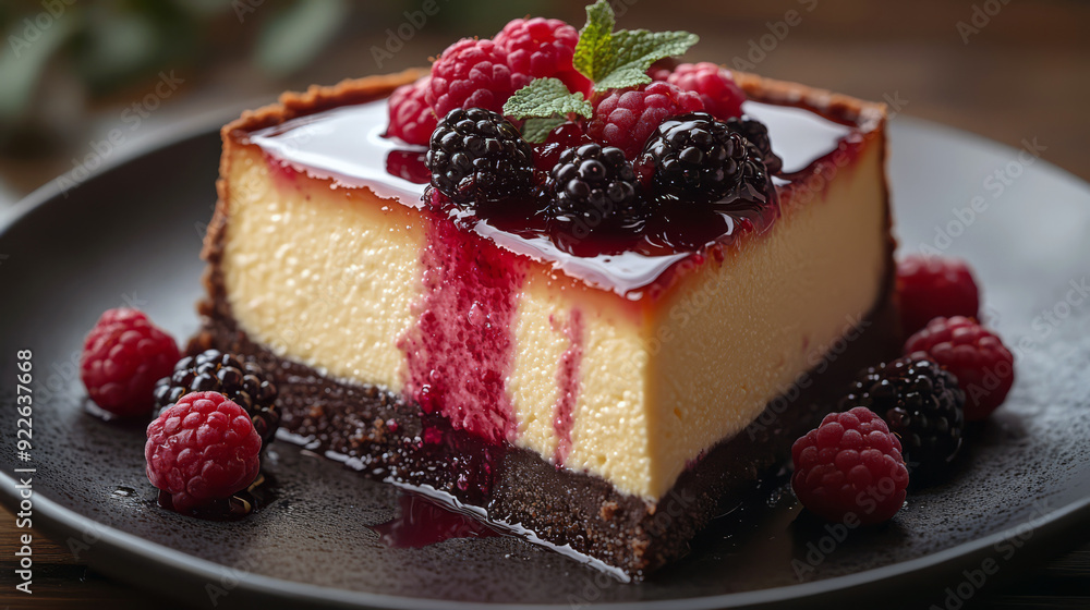 Slice of creamy cheesecake topped with fresh raspberries and blackberries, drizzled with berry sauce, garnished with mint leaves on a dark plate, perfect for dessert lovers
Slice of creamy cheesecake topped with fresh raspberries and blackberries, drizzled with berry sauce, garnished with mint leaves on a dark plate, perfect for dessert lovers