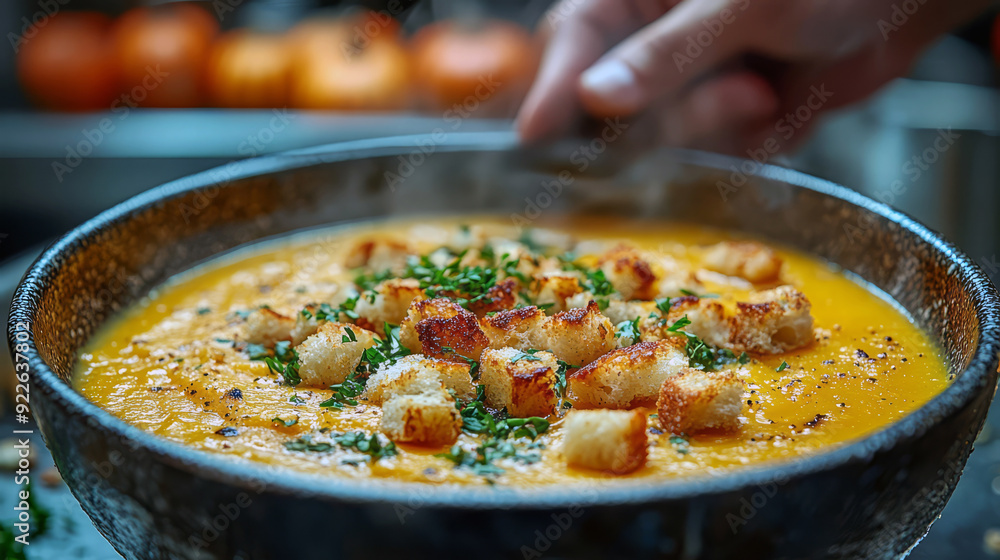 Creamy pumpkin soup topped with crispy croutons and fresh basil, served in a rustic bowl, showcasing a warm and inviting autumn dish perfect for cozy gatherings
Creamy pumpkin soup topped with crispy croutons and fresh basil, served in a rustic bowl, showcasing a warm and inviting autumn dish perfect for cozy gatherings