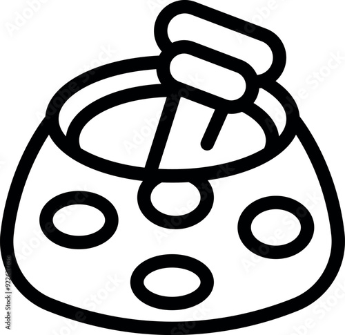 Line icon of a bucket filled with cement with an electric mixer dipped in