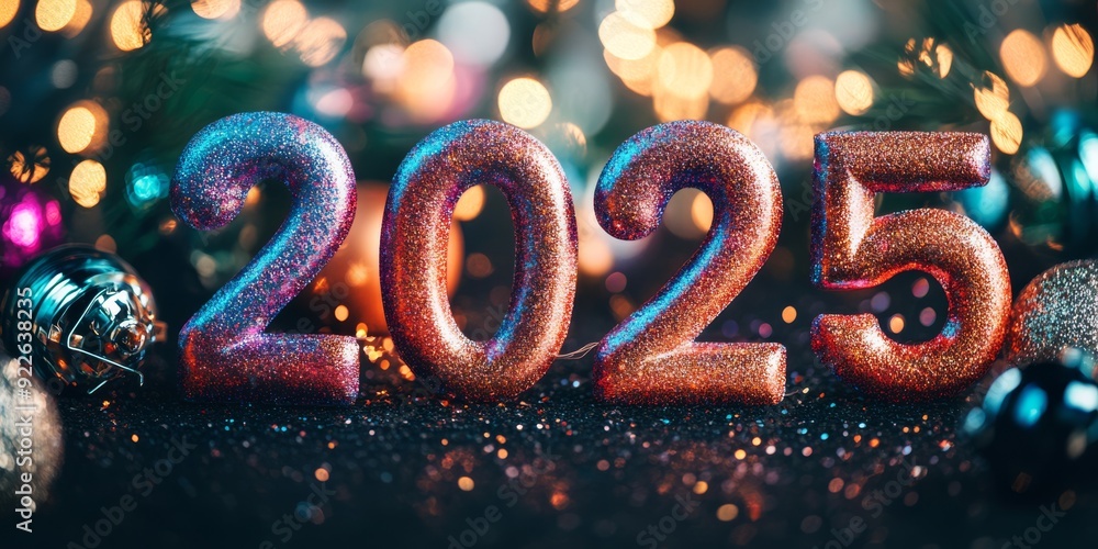 The numbers 2025 embody the festive spirit, adorned with colorful bokeh lights and delightful decorations The numbers 2025 embody the festive spirit, adorned with colorful bokeh lights and delightful decorations