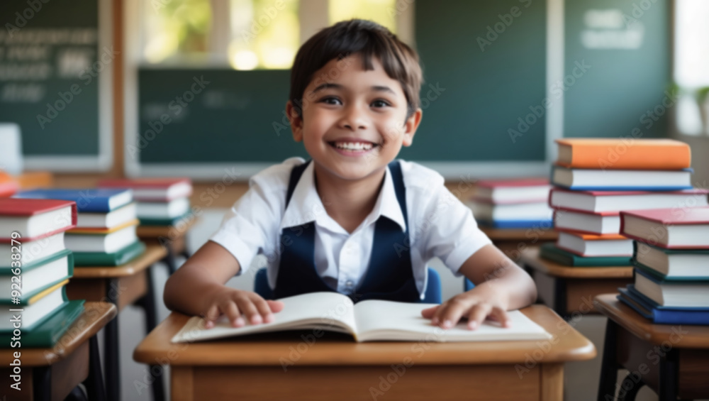 Blurred photo of a young schoolboy at a desk. Blurred photo of a young schoolboy at a desk.