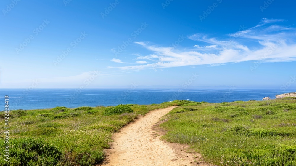A man is walking on a path overlooking the ocean A man is walking on a path overlooking the ocean