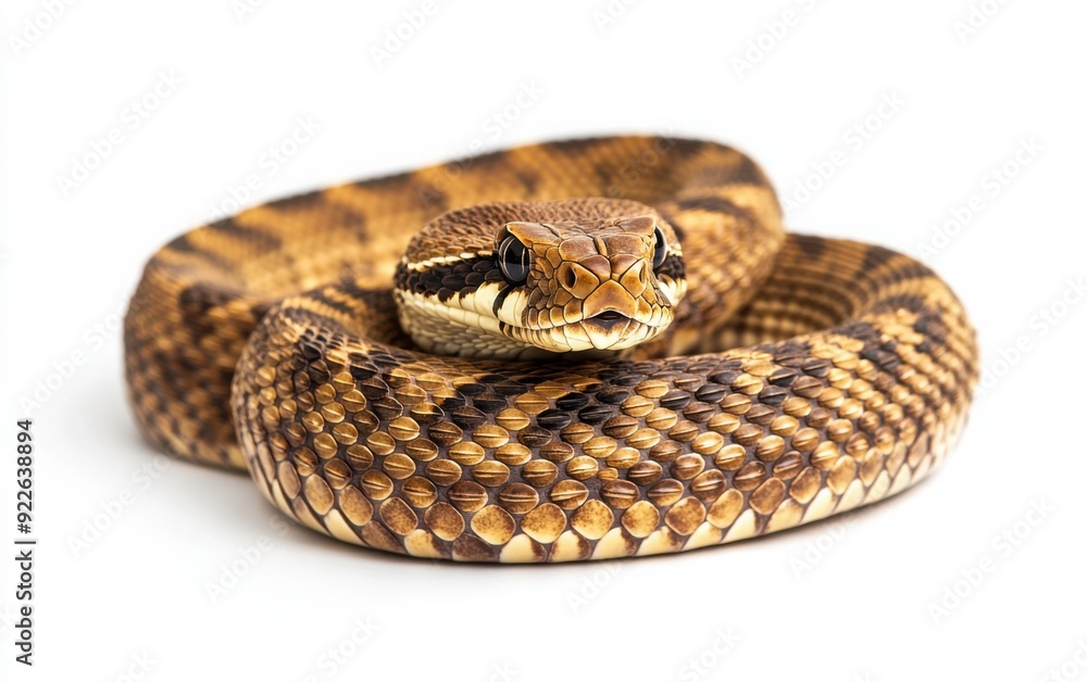 Obraz premium A full body photo of an eastern diamondback rattlesnake isolated on white background, no text or images in the picture. 
