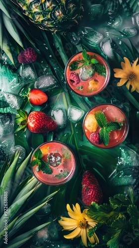 Tropical Hemp Protein Cocktail on a table, top view, professional food photo