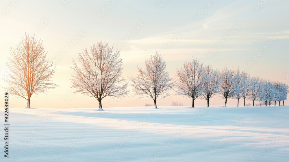 Serene winter landscape featuring a row of snow-covered trees under a gentle sunrise, creating a peaceful and tranquil atmosphere. Serene winter landscape featuring a row of snow-covered trees under a gentle sunrise, creating a peaceful and tranquil atmosphere.