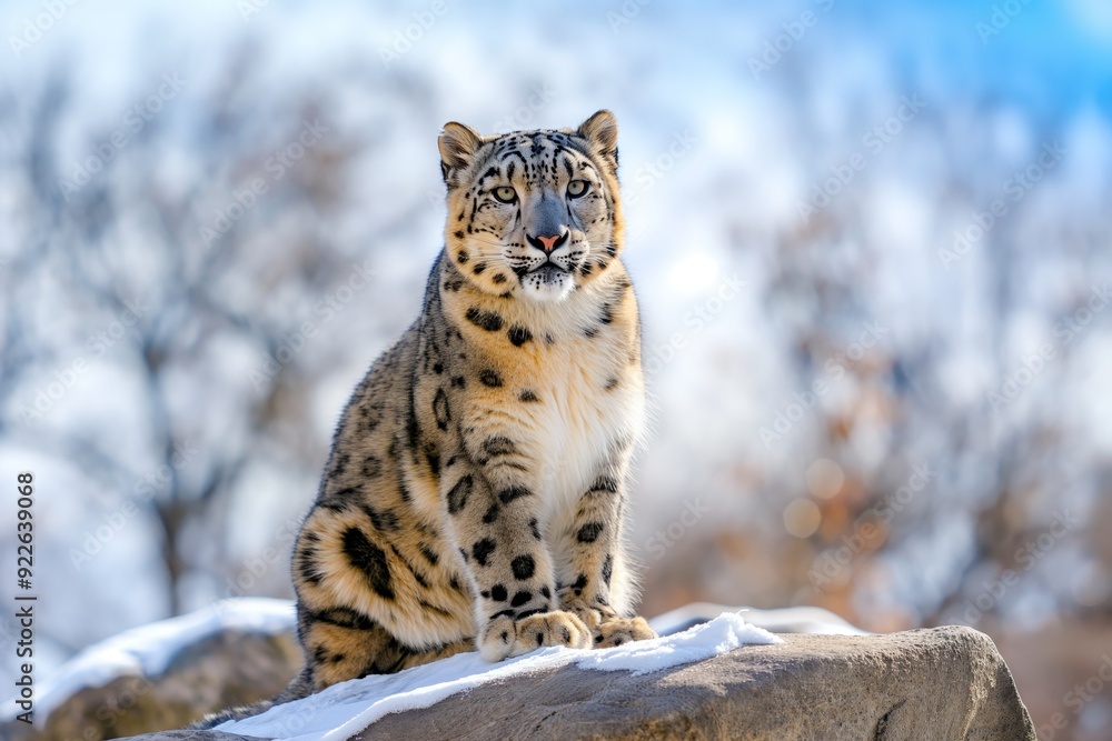 Fototapeta premium The snow leopard is sitting on a rock, its fur merges with the snow-covered background