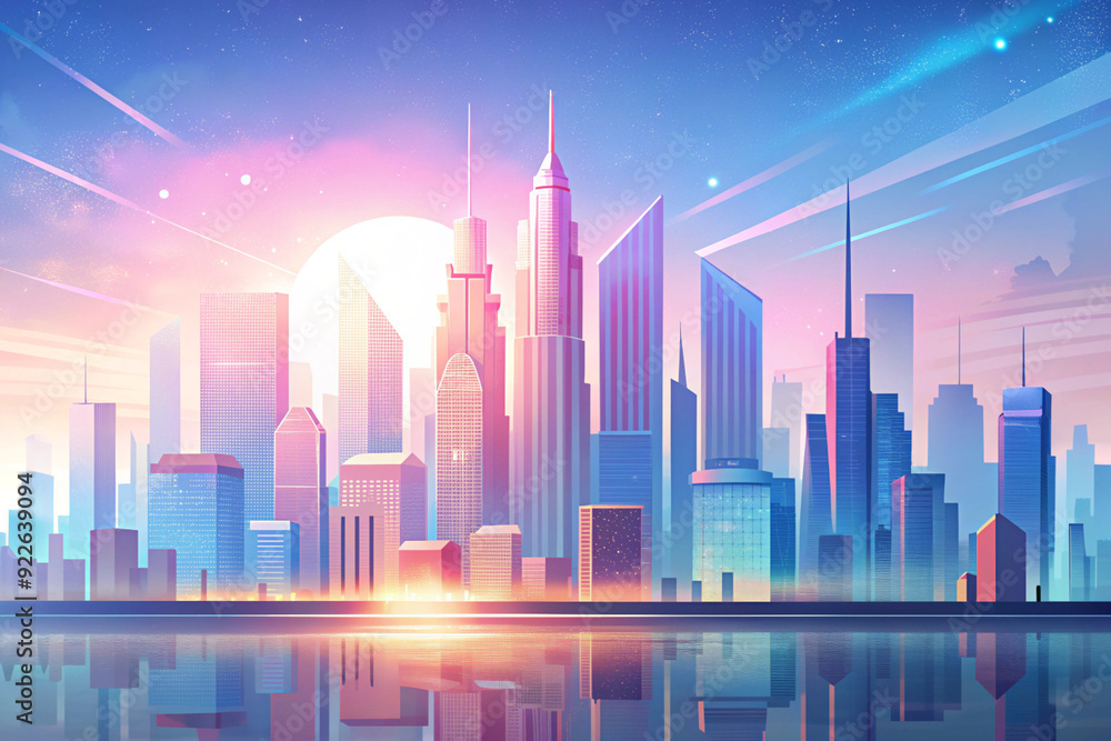 Obraz premium Morning city against the backdrop of the rising sun, AI Generation