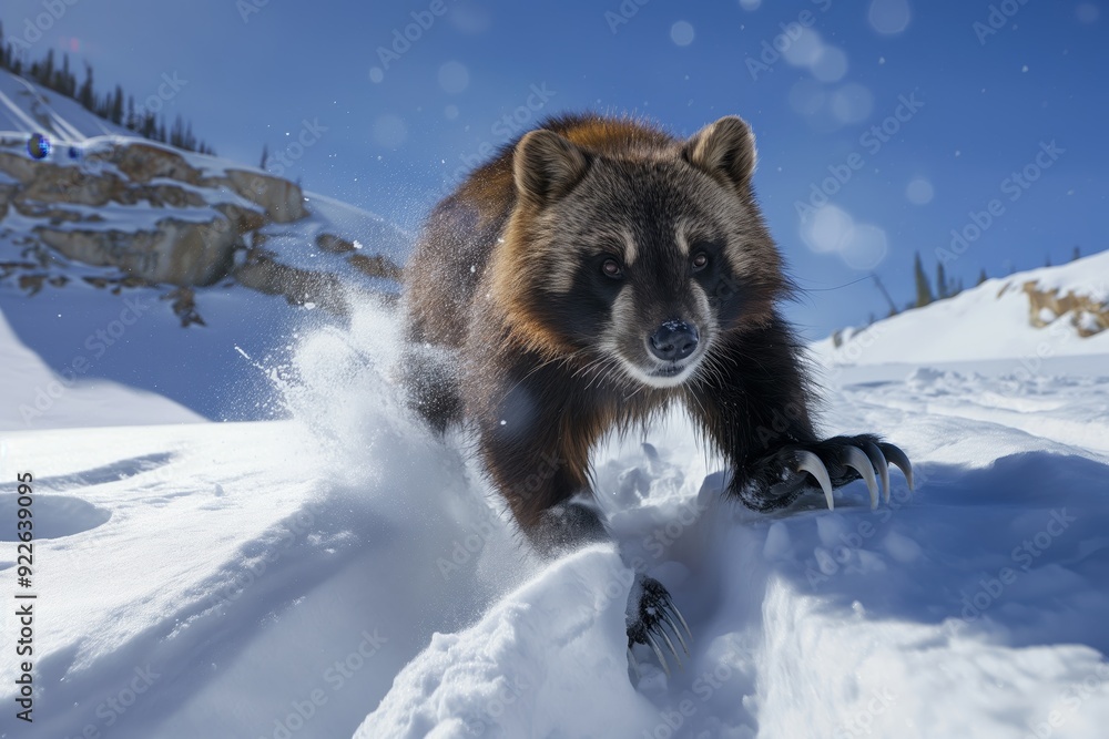 Naklejka premium Wolverine walks through the snowy tundra, her powerful body easily makes its way through the snowdrifts