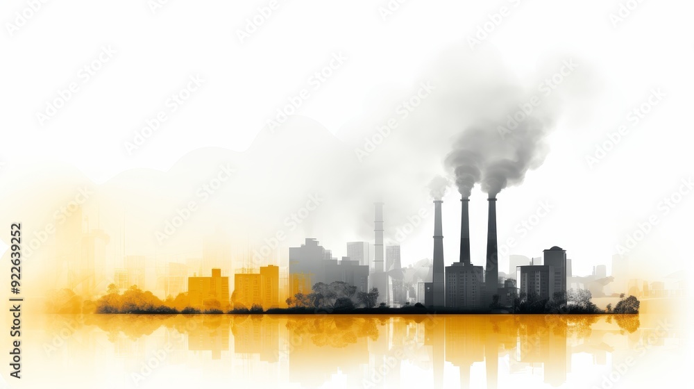 Industrial factory with visible smoke emissions from pipes set against a pristine white background Industrial factory with visible smoke emissions from pipes set against a pristine white background