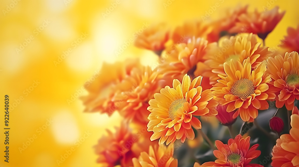 Obraz premium A bouquet of orange flowers with a yellow background. The flowers are in full bloom and the background is a bright yellow color. Concept of warmth and happiness, as the bright colors of the flowers