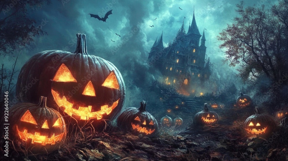 Pumpkins In Graveyard In The Spooky Night - Halloween Backdrop Pumpkins In Graveyard In The Spooky Night - Halloween Backdrop