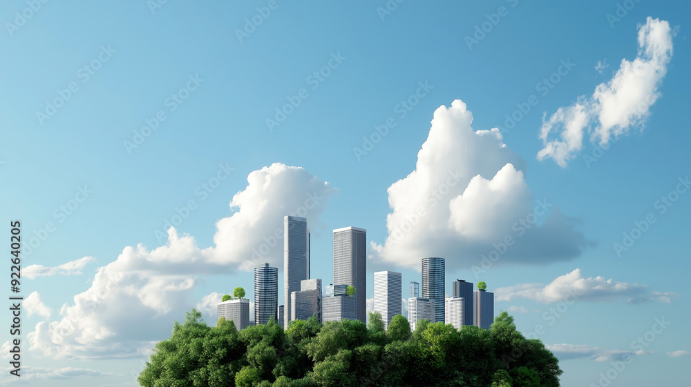 Fototapeta premium A visual representation of a modern city skyline rising from lush greenery, symbolizing the balance between urban development and environmental conservation.