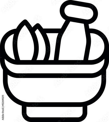 Line art icon of a mortar and pestle crushing herbs, symbolizing natural remedies and traditional medicine practices