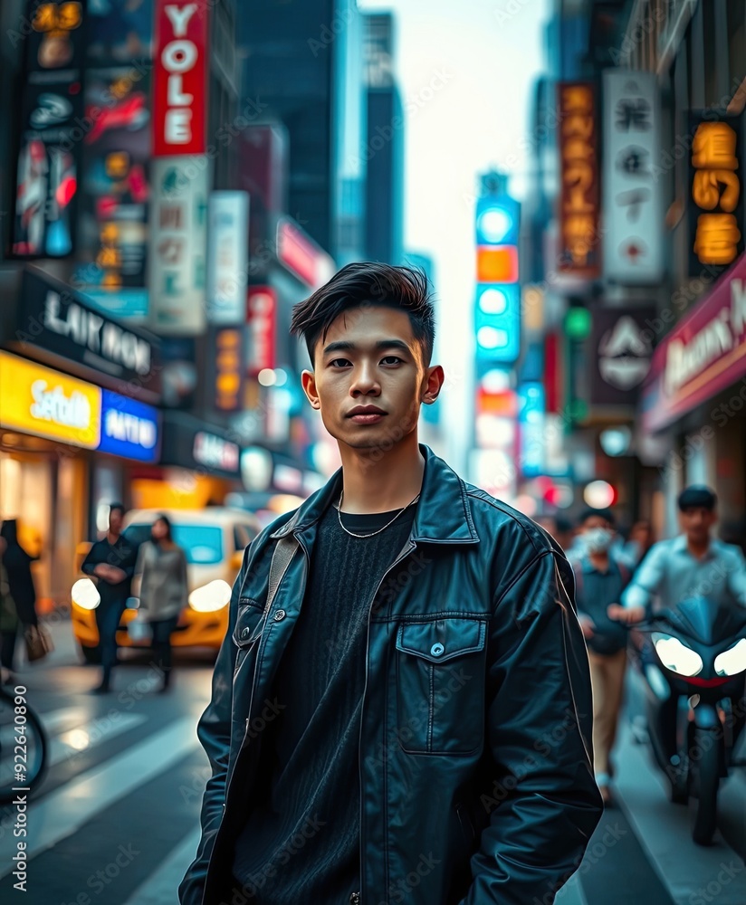 Asiatic Man in leather jacket standing on a busy city street at dusk. Asiatic Man in leather jacket standing on a busy city street at dusk.