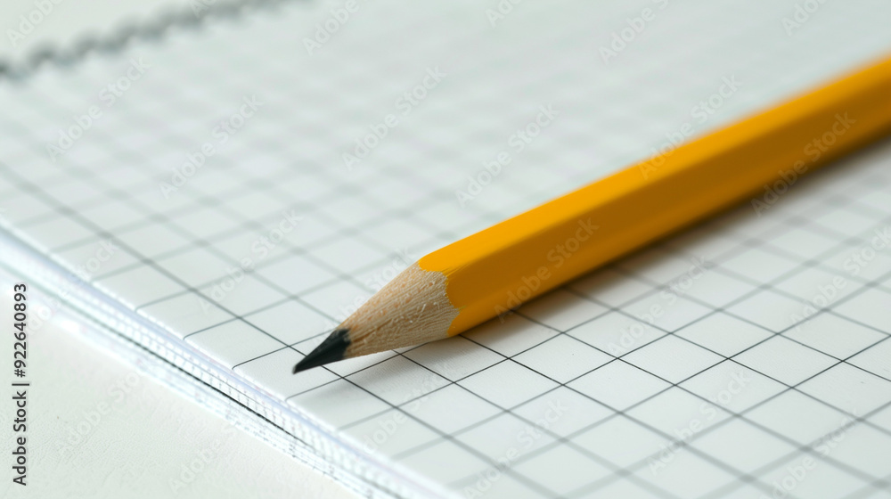 Close-up of yellow pencil lying on a squared notebook. Close-up of yellow pencil lying on a squared notebook.