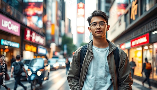 Asian man with glasses on a bustling street with bright lights.