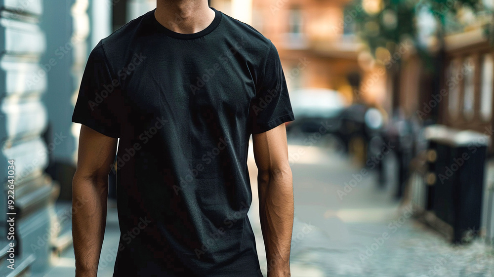 Fototapeta premium T-Shirt Mockup on Man in Outdoor Setting with Sunlight